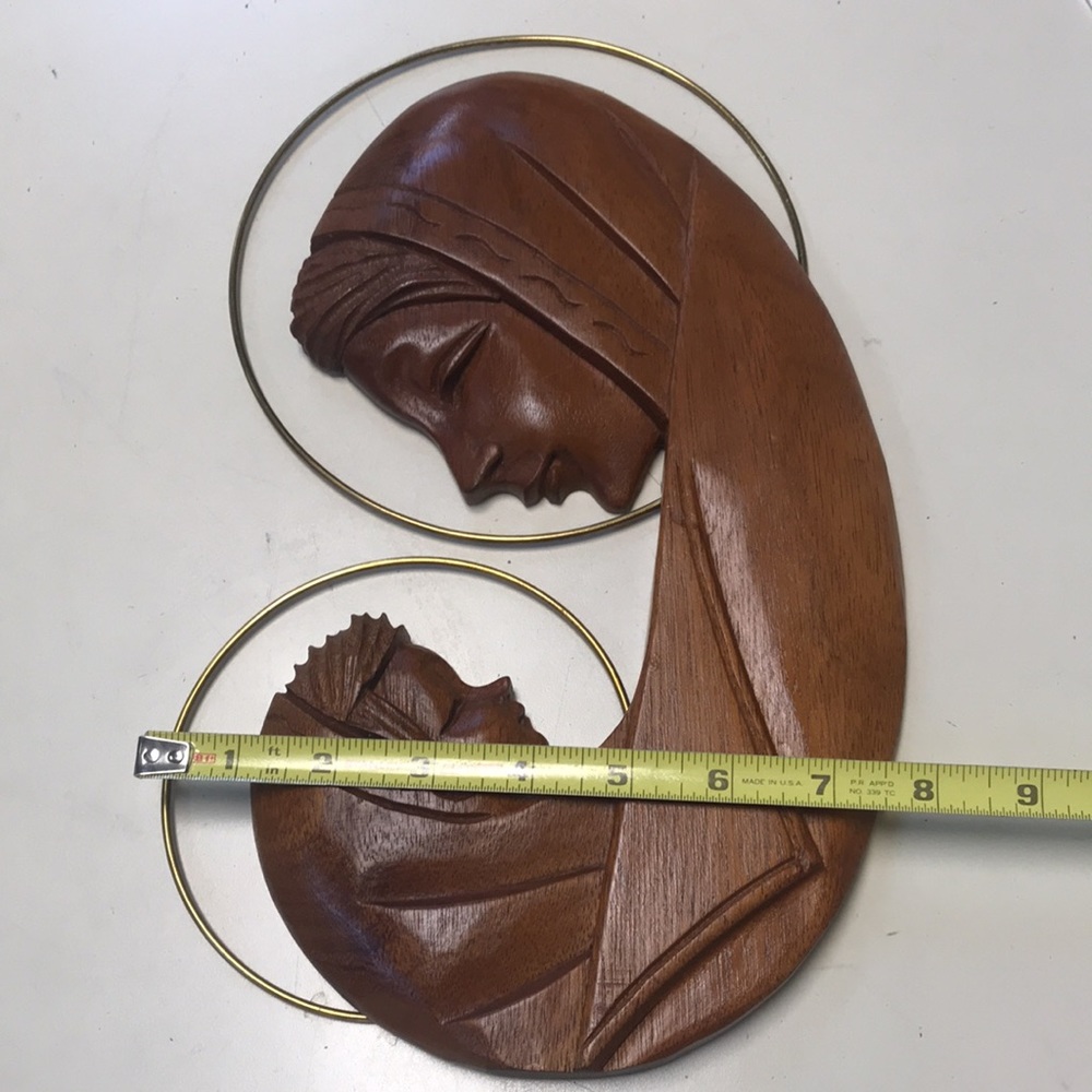 Vintage/MCM Wooden & Brass Madonna & Child Wall Hanging - Picture 7 of 7